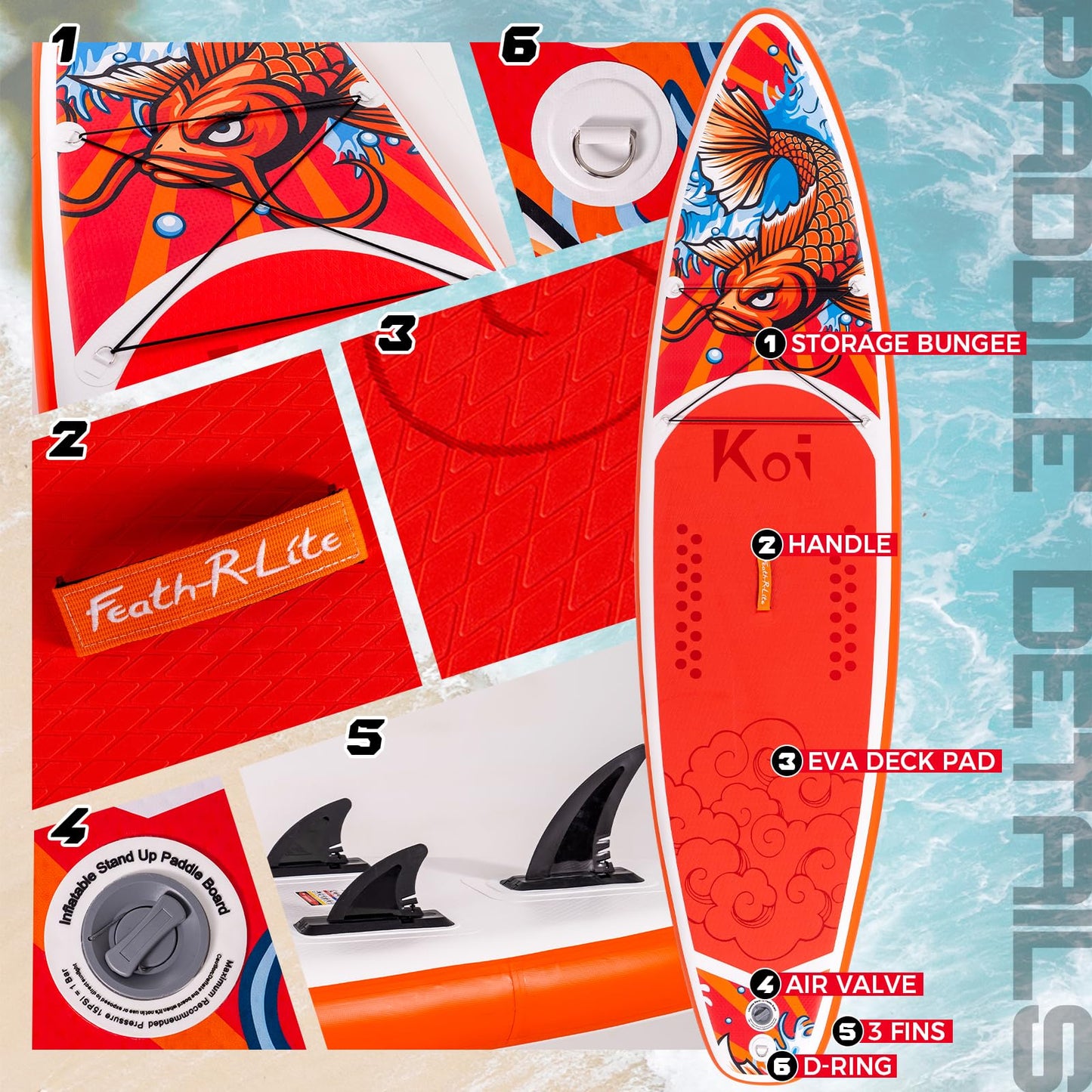 FEATH-R-LITE Inflatable Paddle Board Stand Up Paddleboards for Adults SUP with Premium Accessories Pump, Adjustable Paddle, Leash, Three Fins, Backpack (Red Koi)