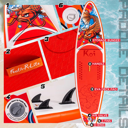 FEATH-R-LITE Inflatable Paddle Board Stand Up Paddleboards for Adults SUP with Premium Accessories Pump, Adjustable Paddle, Leash, Three Fins, Backpack (Red Koi)