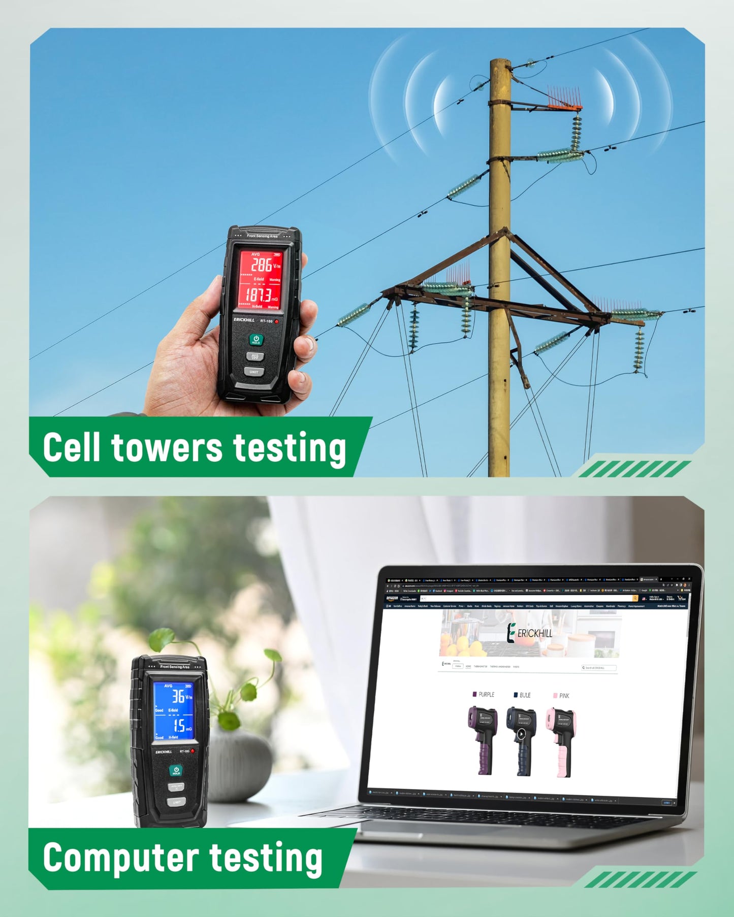 ERICKHILL EMF Detector, Rechargeable Digital Electromagnetic Field Radiation Detector Hand-held Digital LCD EMF Meter Great Tester for Home EMF Inspections,Ghost Hunting Green