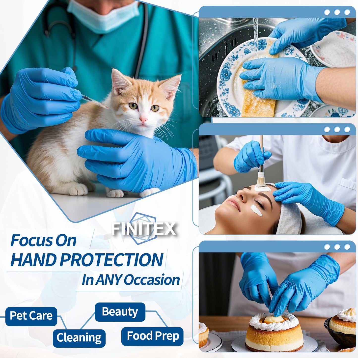 FINITEX Blue Disposable Nitrile Exam Gloves - 200 PCS/BOX 3.5mil Rubber Powder-Free Latex-Free Medical Examination Home Cleaning Food Gloves, X-LARGE