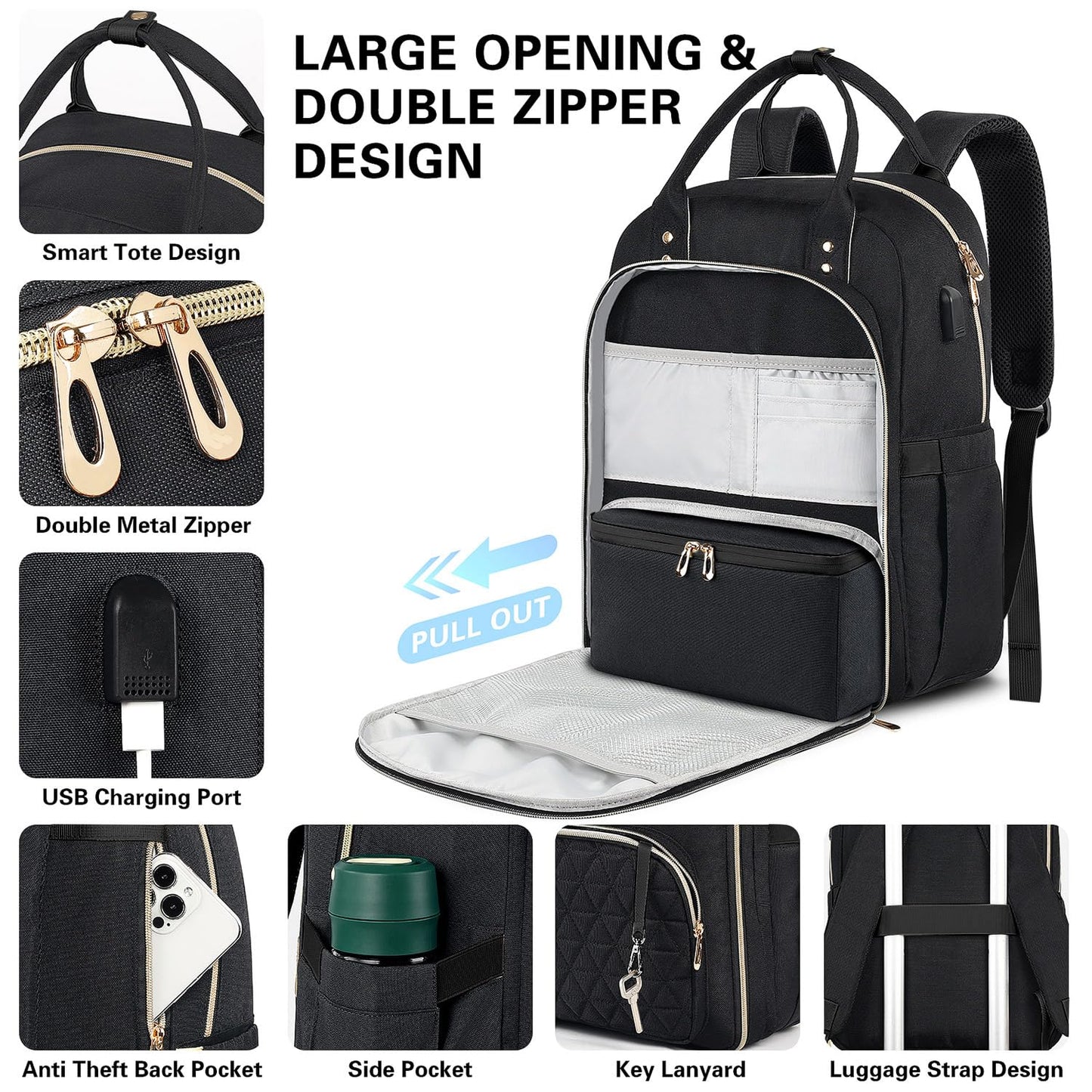 ETRONIK Lunch Backpack for Women, 15.6 inch Laptop Backpack with USB Port, Teacher Nurse Work Backpack with Insulated Cooler Lunch Bag, Travel Bags for Women & Men, Gift, Black