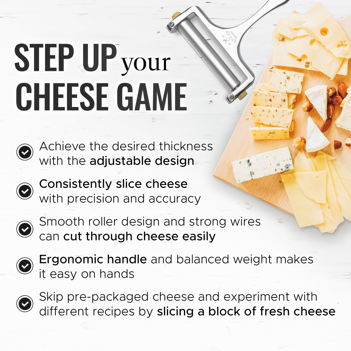 Zulay Kitchen Stainless Steel Wire Cheese Slicer - Adjustable Hand Held Cheese Cutter with 2 Extra Wires - Premium Cheese Shaver for Mozzarella, Cheddar, Gruyere - Cheese Cutter with Wire (Silver)