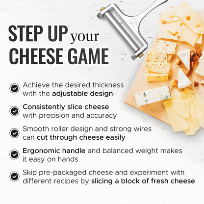 Zulay Kitchen Stainless Steel Wire Cheese Slicer - Adjustable Hand Held Cheese Cutter with 2 Extra Wires - Premium Cheese Shaver for Mozzarella, Cheddar, Gruyere - Cheese Cutter with Wire (Silver)