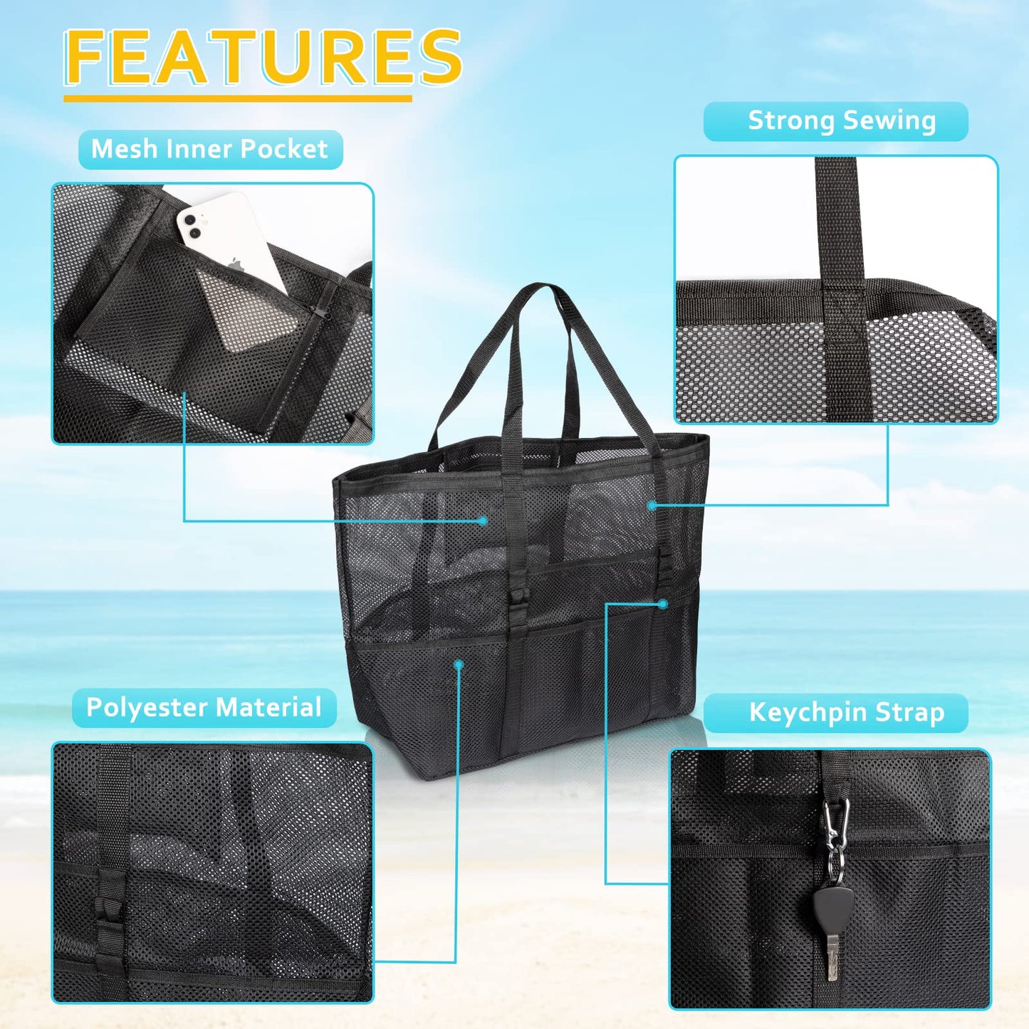 SRISE Mesh Beach Bag - Large Tote Bag for Family , Toys & Vacation Essentials