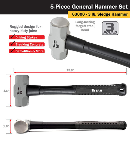 Titan 63125 5-Piece Hammer Set, Includes 16oz & 32oz Ball Pein, 32oz Rubber Mallet, 3lb Sledgehammer, & 3lb Cross Pein, Shock Absorbing Fiberglass Handles with Textured Grips