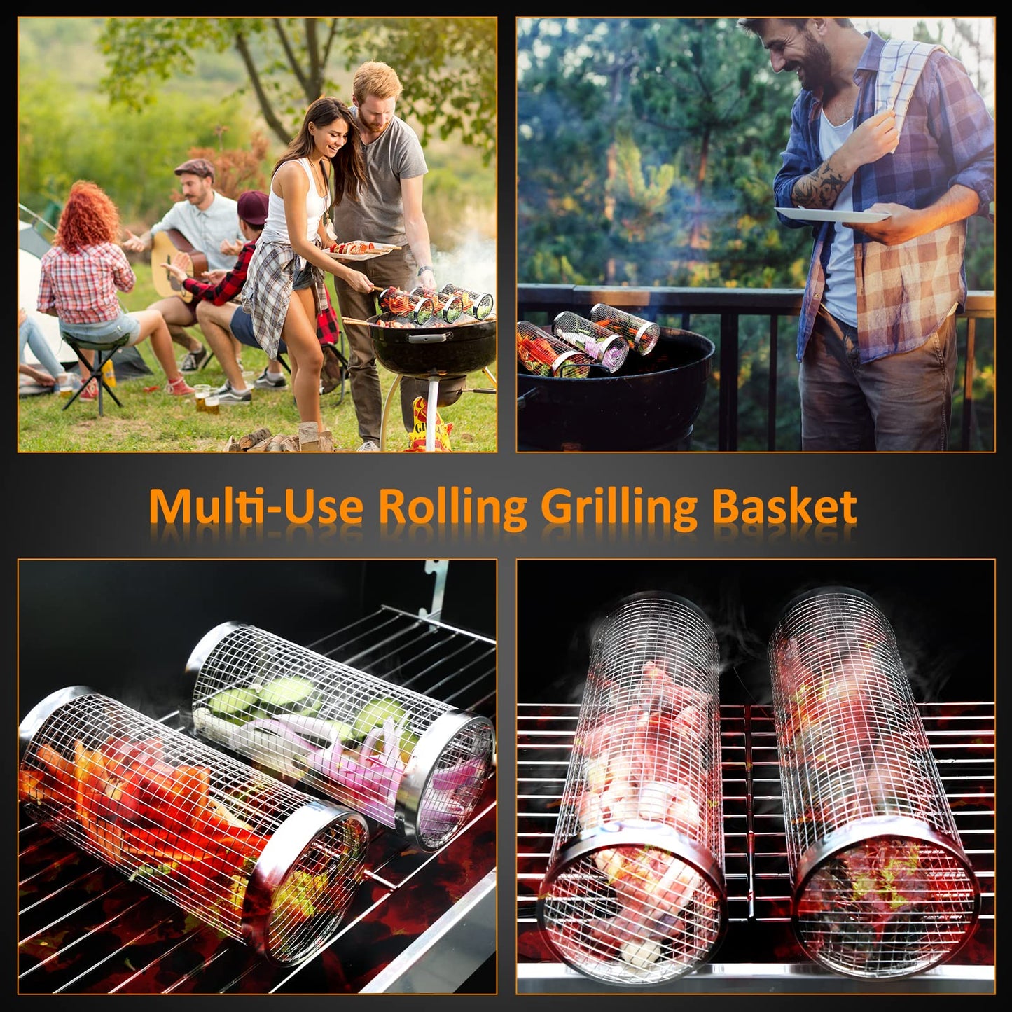 Rolling Grill Baskets (2PCS), Stainless Steel Grill Basket, Dishwasher Safe BBQ Grill Accessories Portable Grill Baskets for Outdoor Grill for Fish, Shrimp, Meat, Vegetables, Fries Outdoor Cooking Camping