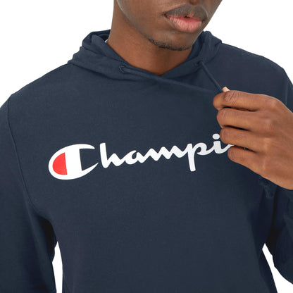 Champion Men's Pullover T-Shirt Hoodie, Standard Fit, Midweight, Navy-Classic Script Logo, Medium