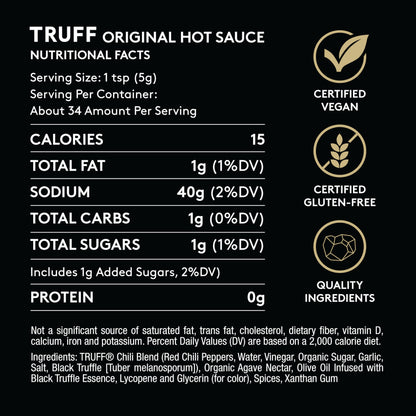 TRUFF Original Black Truffle Hot Sauce, Gourmet Hot Sauce with Ripe Chili Peppers, Black Truffle Oil, Agave Nectar, Unique Flavor Experience in a Bottle, 6 oz.