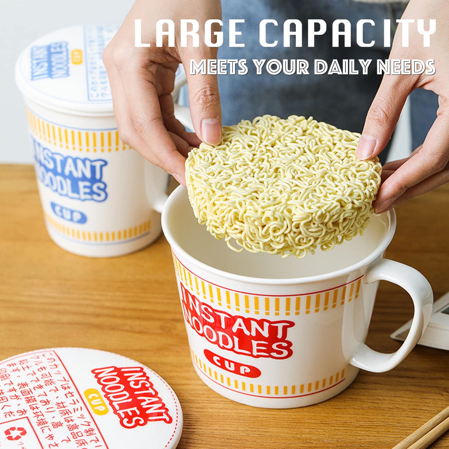 ECTbicyk 34 OZ Ceramic Ramen Bowl with Lid Instant Ramen Noodle Bowl Large Soup Bowl with Handle, Ramen bowl with Fork, Red