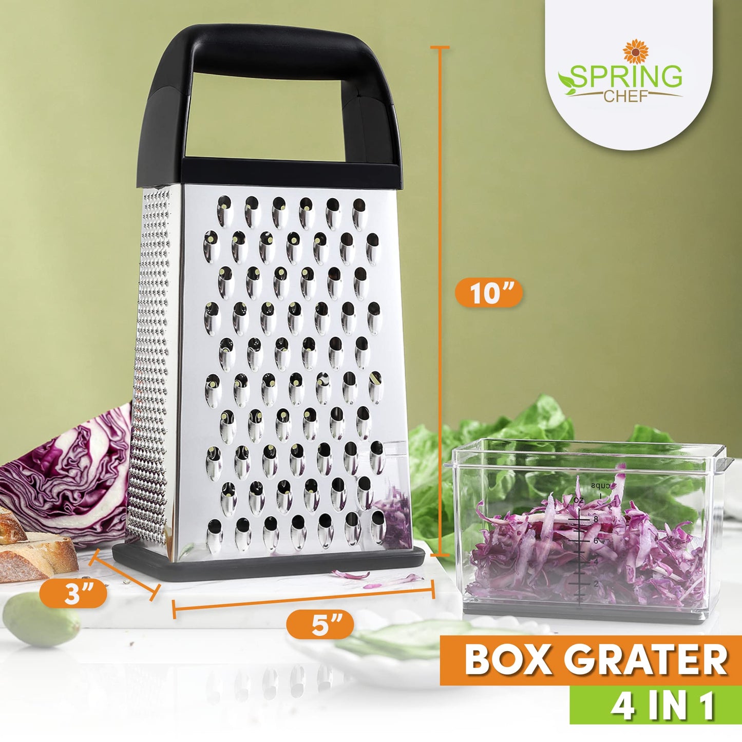 Spring Chef Professional 10" Parmesan Cheese Grater With Container, Stainless Steel & Soft Grip Handle, 4 Sided Kitchen Cheese Shredder, Handheld Box Grater for Vegetables, Potato, Carrot - Black