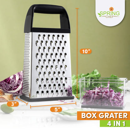 Spring Chef Professional 10" Parmesan Cheese Grater With Container, Stainless Steel & Soft Grip Handle, 4 Sided Kitchen Cheese Shredder, Handheld Box Grater for Vegetables, Potato, Carrot - Black