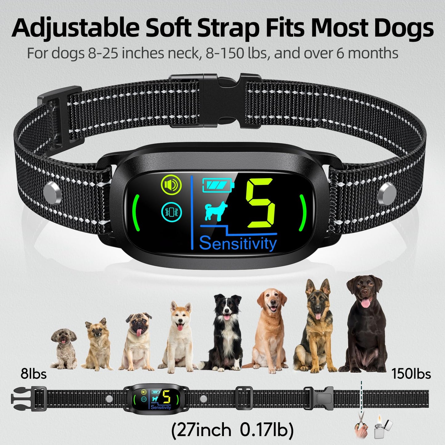 FAFAFROG Dog Bark Collar for Large Medium Small Dogs, Rechargeable Smart Bark Collar, Anti Barking Training Collar with 5 Adjustable Sensitivity Beep Vibration (Black)
