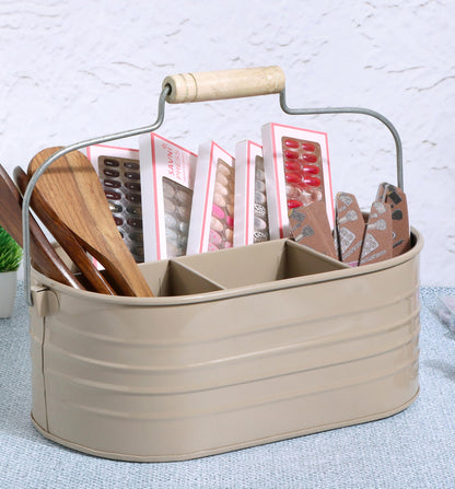 Alpha Living Home Multi-Functional Utensil Caddy – 4-Compartment Organizer for Kitchen, Party & Office – Durable Beige Powder-Coated Iron Alloy with Wooden Handle