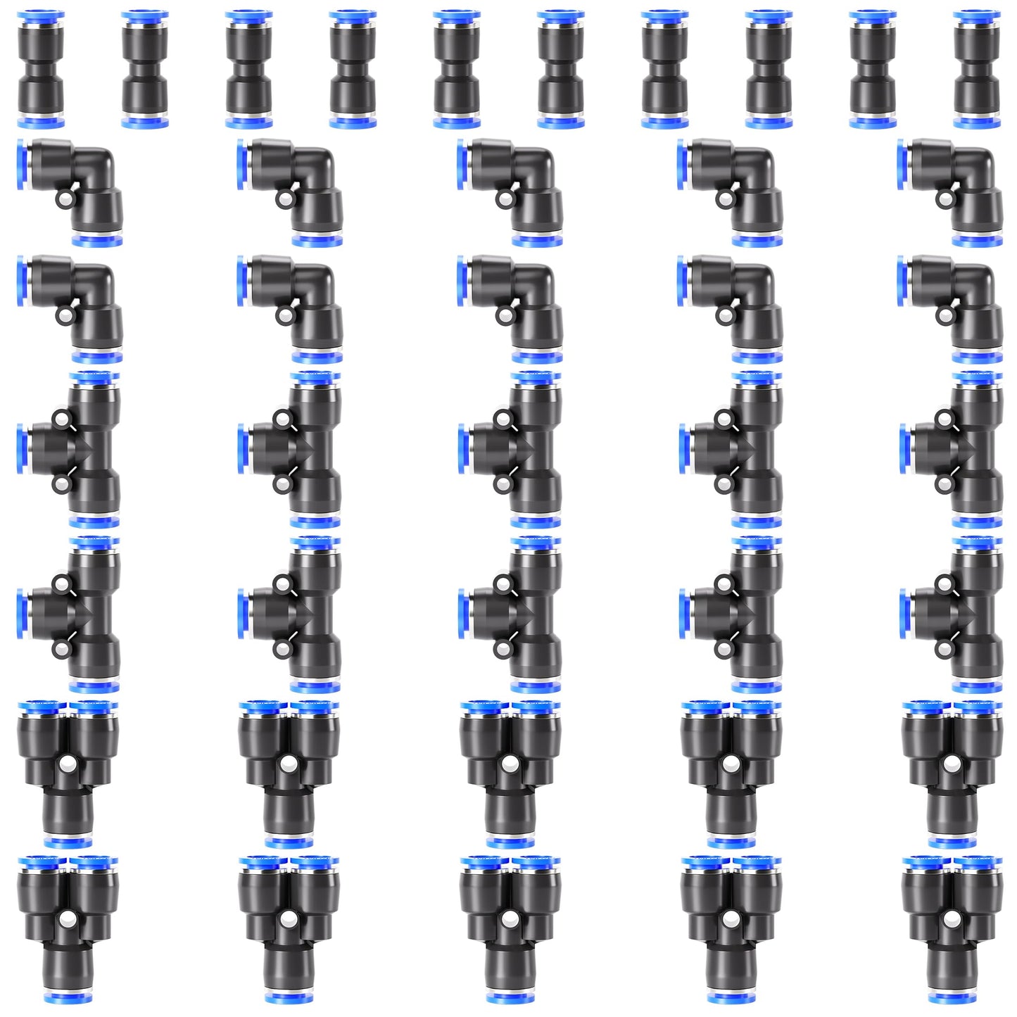TAILONZ PNEUMATIC 1/4 Inch od Push to Connect Fittings Pneumatic Fittings Kit 10 Spliters+10 Elbows+10 tee+10 Straight (40 pcs)