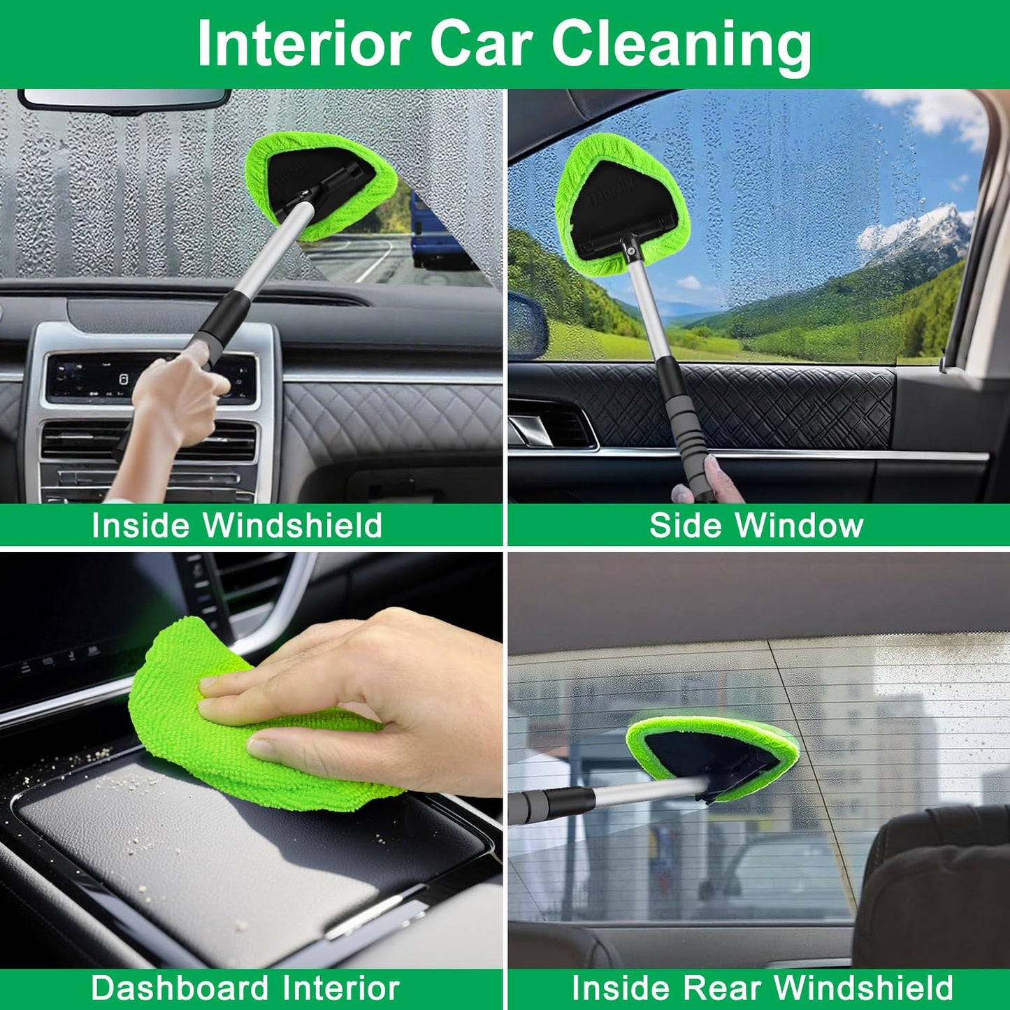 XINDELL Windshield Cleaner Tool – Upgrade Large Head Car Interior&Exterior Window Cleaning Kit with Extendable Handle & 4 Microfiber Pads, Auto Wiper Brush for Car, Trucks, SUVs, RVs & Home Windows
