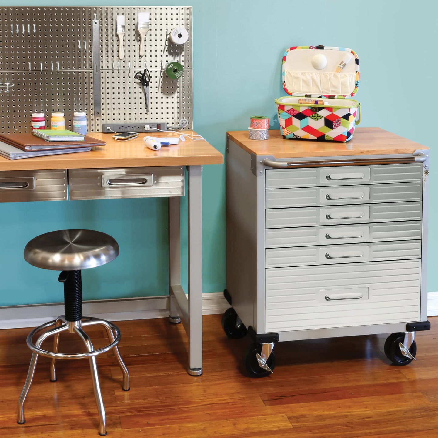 Seville Classics UltraHD Heavy Duty Rolling Cabinet Workbench Table w/Solid Wood Top, Workstation for Garage, Office, Workshop, Granite, 6-Drawer (28" W x 18" D