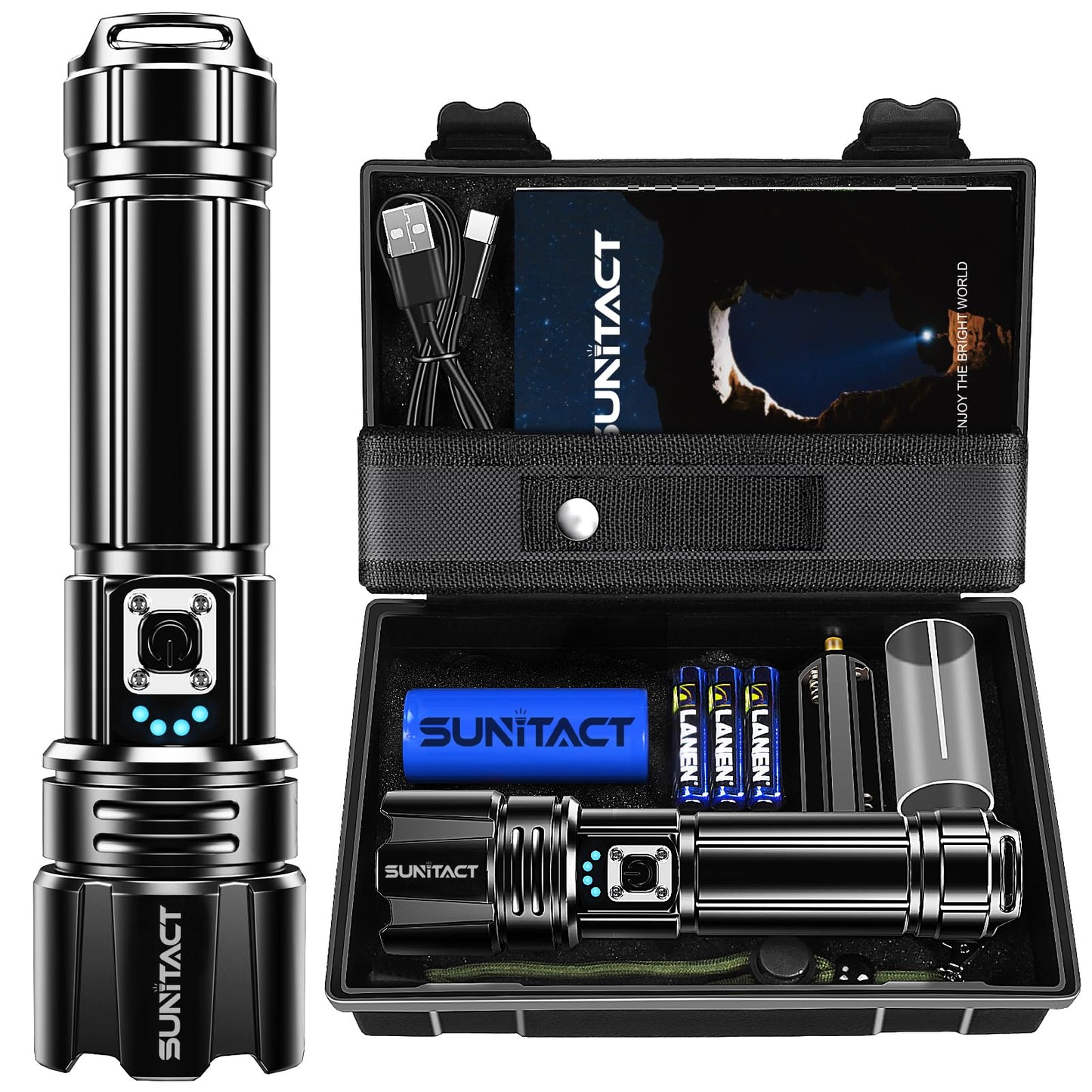 Sunitact Flashlights High Lumens, Rechargeable Flashlight Led 2000 Lumen XHP70.2, Super Bright Flash Light, High Powered Handheld Flashlights for Emergency Camping Gift, IP67 Waterproof, Adjustable