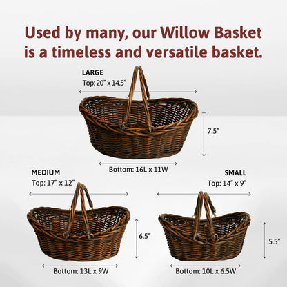 Wald Imports - Medium Wicker Basket with Handle - Dark Brown Hand Woven Harvest Basket - Wicker Flower Basket for Storage, Picnics, Easter, Organizing, and More (17 x 6.5 inches)