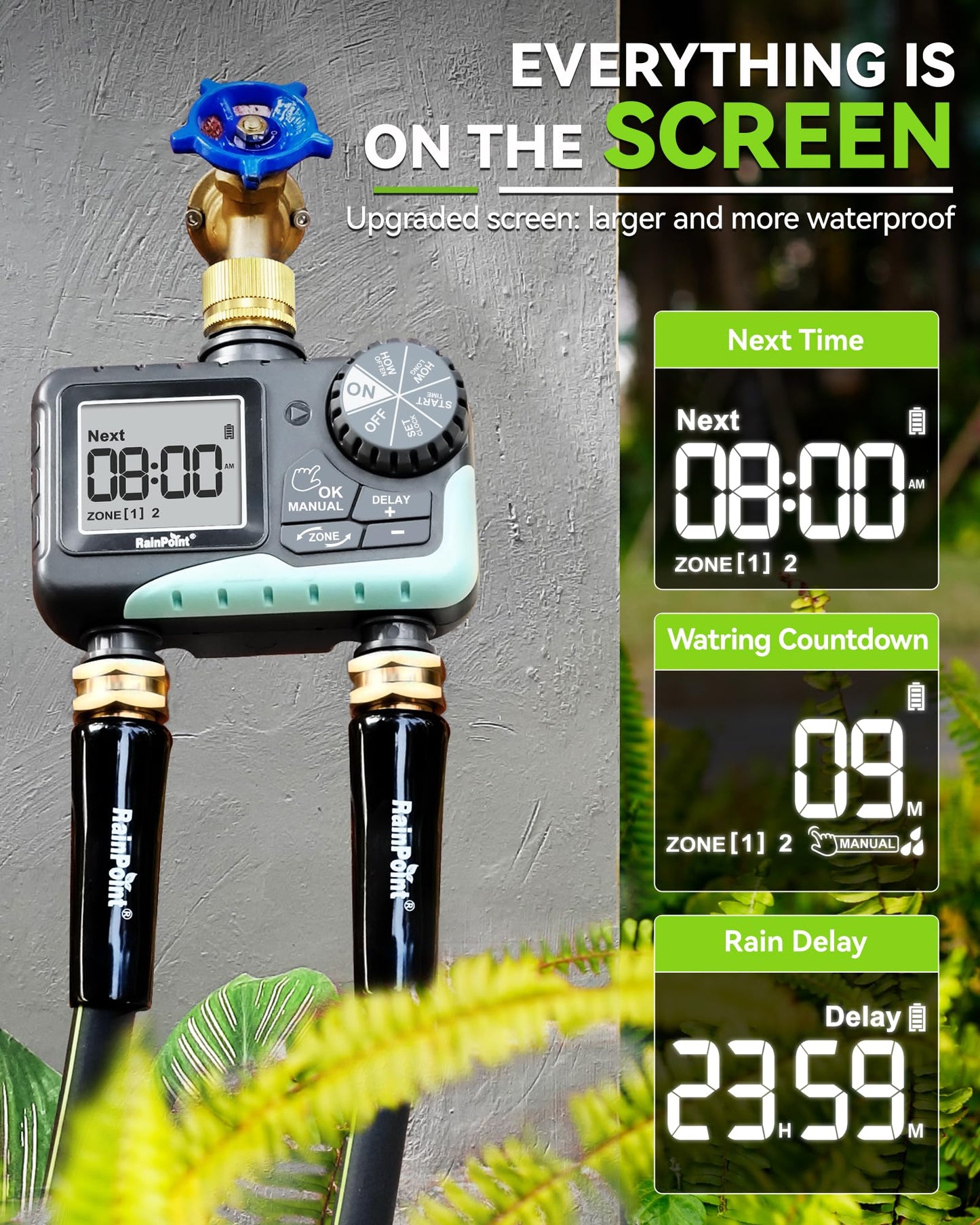 RAINPOINT Water Timer for Garden Hose - Sprinkler Timer with Brass Swivel - Rain Delay/Manual Watering/Automatic Irrigation Programmable Faucet for Yard, 2 Outlet