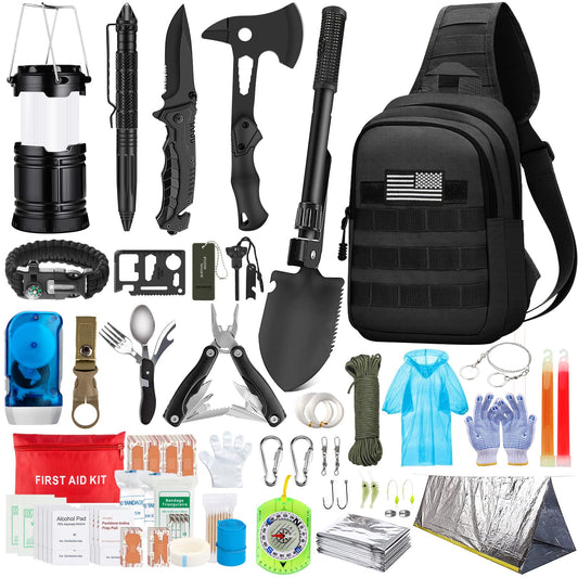 Emergency Survival Kit, 151 Pcs Survival Gear First Aid Kit, Outdoor Trauma Bag with Tactical Flashlight Knife Pliers Pen Blanket Bracelets Compass for Camping Earthquake or Adventures (Black)