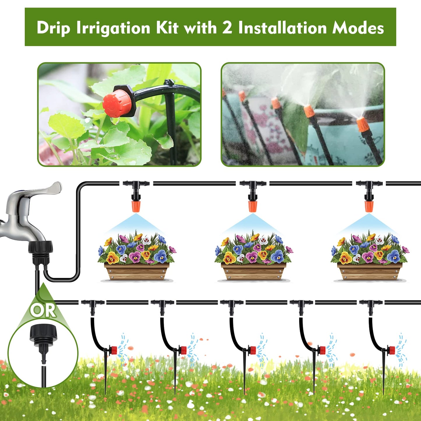 Flantor Drip Irrigation Kit, Drip Irrigation System for Garden with 1/4" Irrigation Tubing DIY Saving Water Automatic Watering System for Garden, Greenhouse, Flower Bed, Patio, Lawn