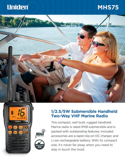 Uniden MHS75 Waterproof Handheld 2-Way VHF Marine radio, Submersible, Selectable 1/2.5/5 Watt Transmit Power. All USA/International and Canadian Marine Channels - Color Black