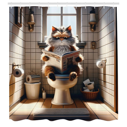 Ambesonne Funny Shower Curtain, Humorous Scene with a Cat Sitting on a Toilet and Reading Paper Print, Cloth Fabric Bathroom Decor Set with Hooks, 69" W x 70" L, Pale Cinnamon and Coconut
