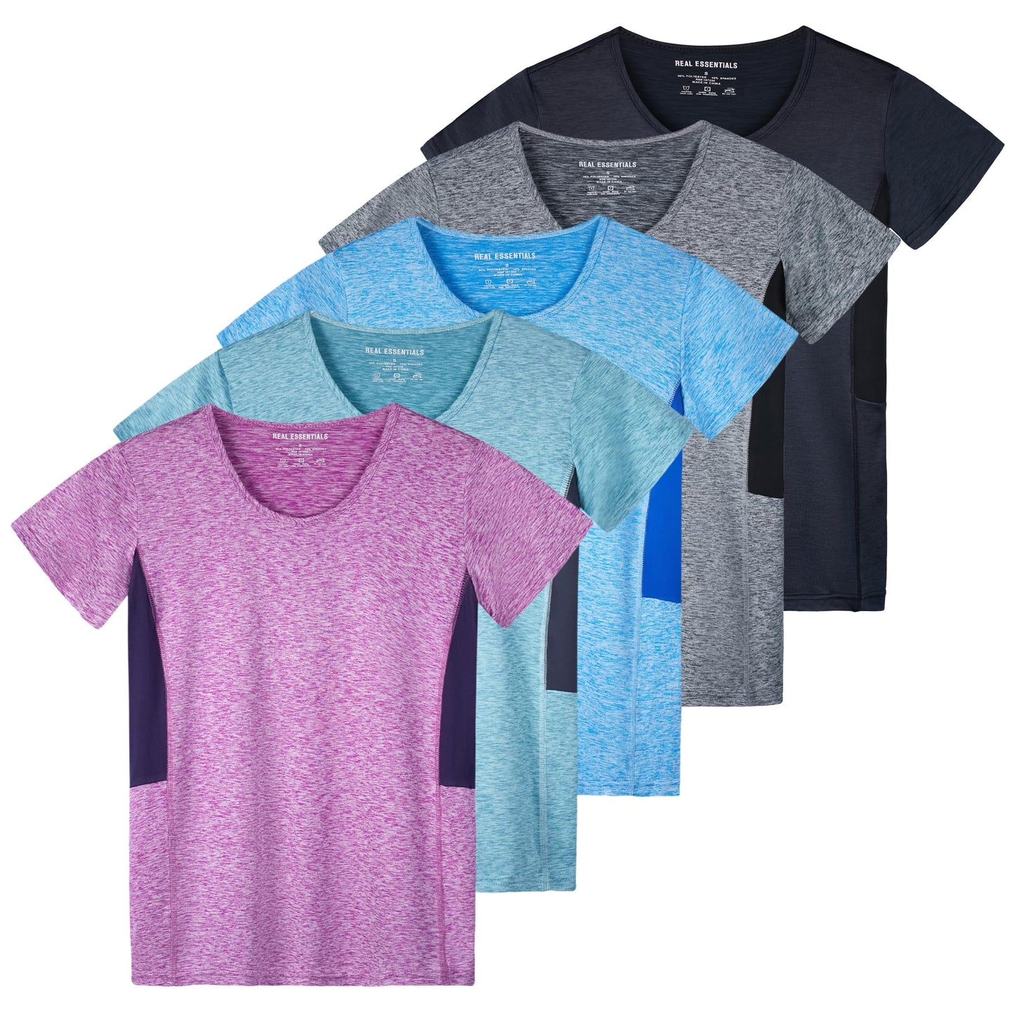 Real Essentials 5 Pack: Women's Short Sleeve T-Shirts Workout Tops Fitness Pilates Gym Activewear Athletic (Plus Available), Set 4, M, Pack of 5
