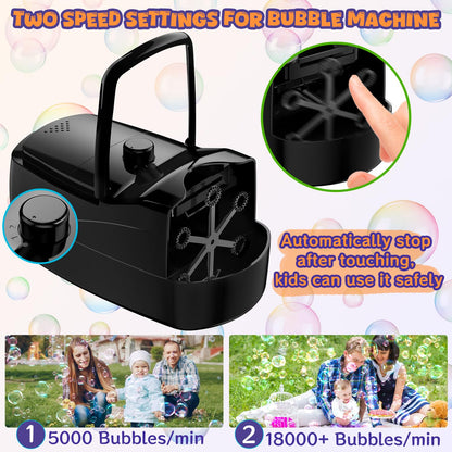 Bubble Machine, Automatic 18000+ Per Minute Big Bubbles Blower Maker for Kids Toddlers with 2 Speeds,6 Wands,Operated by Plugin or Batteries for Outdoor/Indoor Birthday Parties,Wedding (Black)