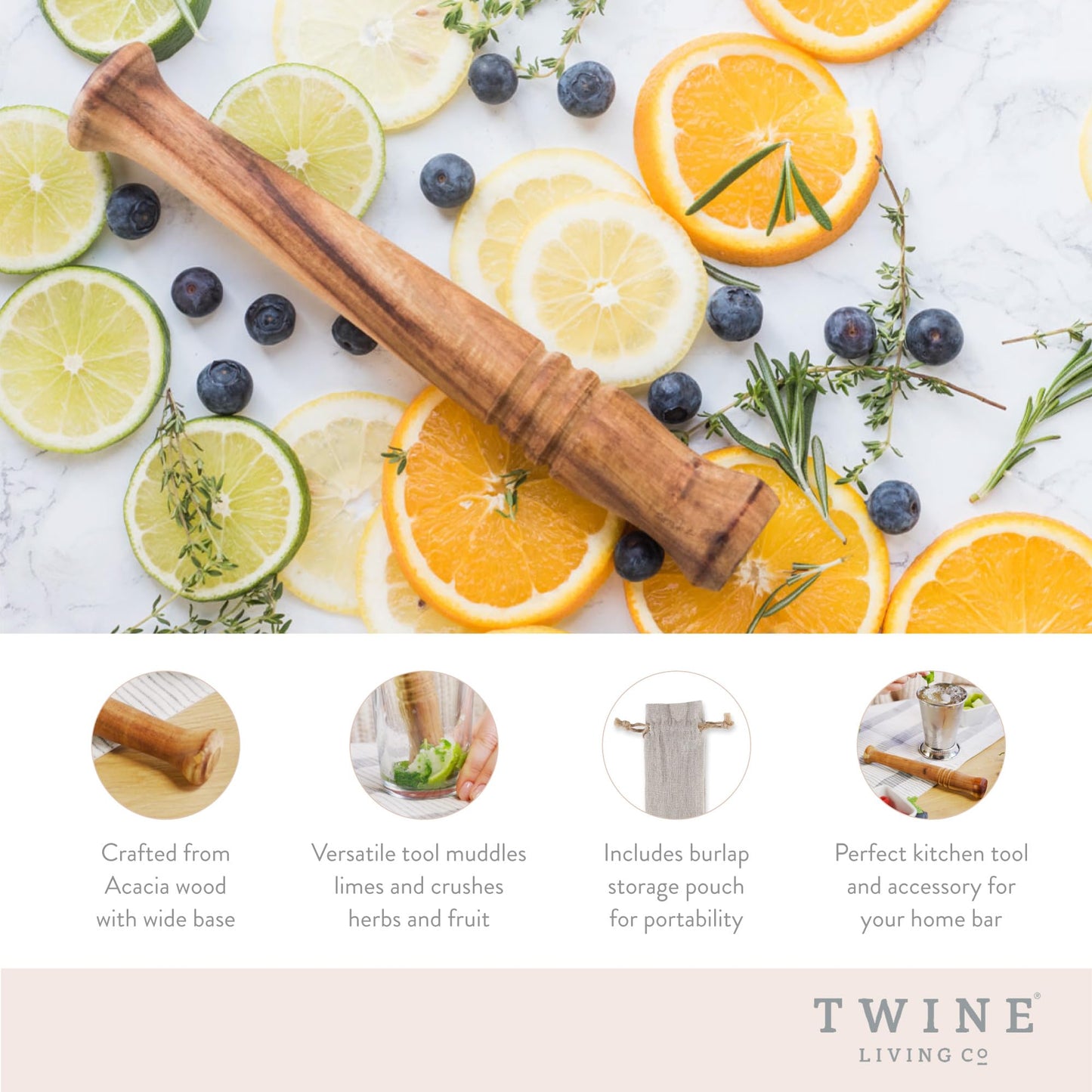 Twine Acacia Wood Mojito Muddler for Cocktails with Jute Storage Pouch, Bar Accessories, Cocktail Muddler, Drink Muddler, Set of 1, Wood Grain