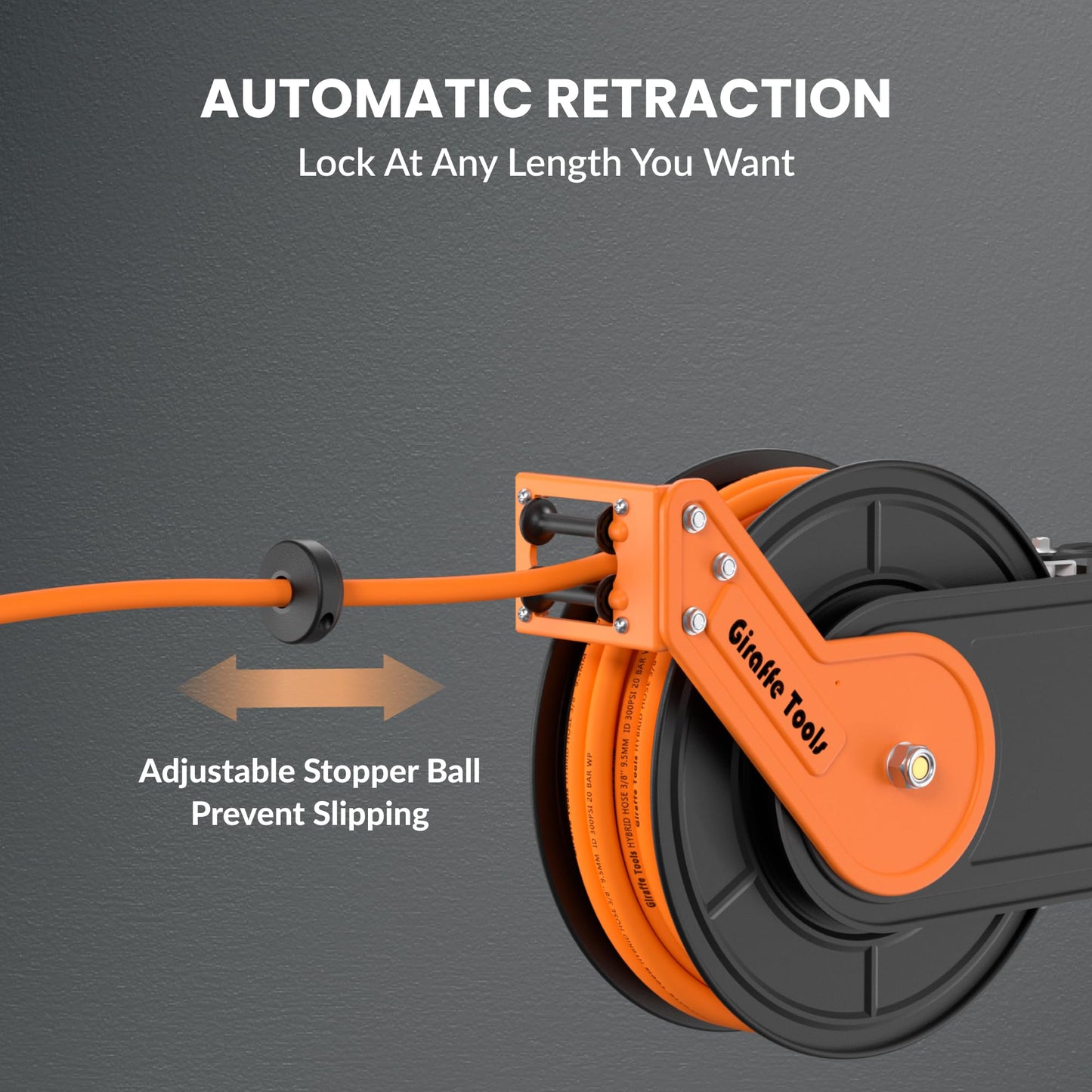 Giraffe Tools TA15 Retractable Air Hose Reel Swivel 3/8" x 50 ft Hybrid Hose, Max 300 PSI, Ceiling/Wall Mounted Heavy Duty Industrial Commercial Air Compressor Hose Reel, 50ft, Tangelo