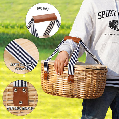 STBoo Picnic Basket for 4, Insulated Wicker Hamper with Folding Table, Willow Picnic Baskets Set with Large Insulated Cooler Bag for Camping Outdoor (Stripe)