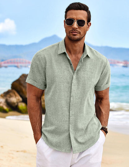 COOFANDY Men's Casual Shirts Button Up Shirt Linen Summer Beach Outfit Yoga Tee Light Green Large
