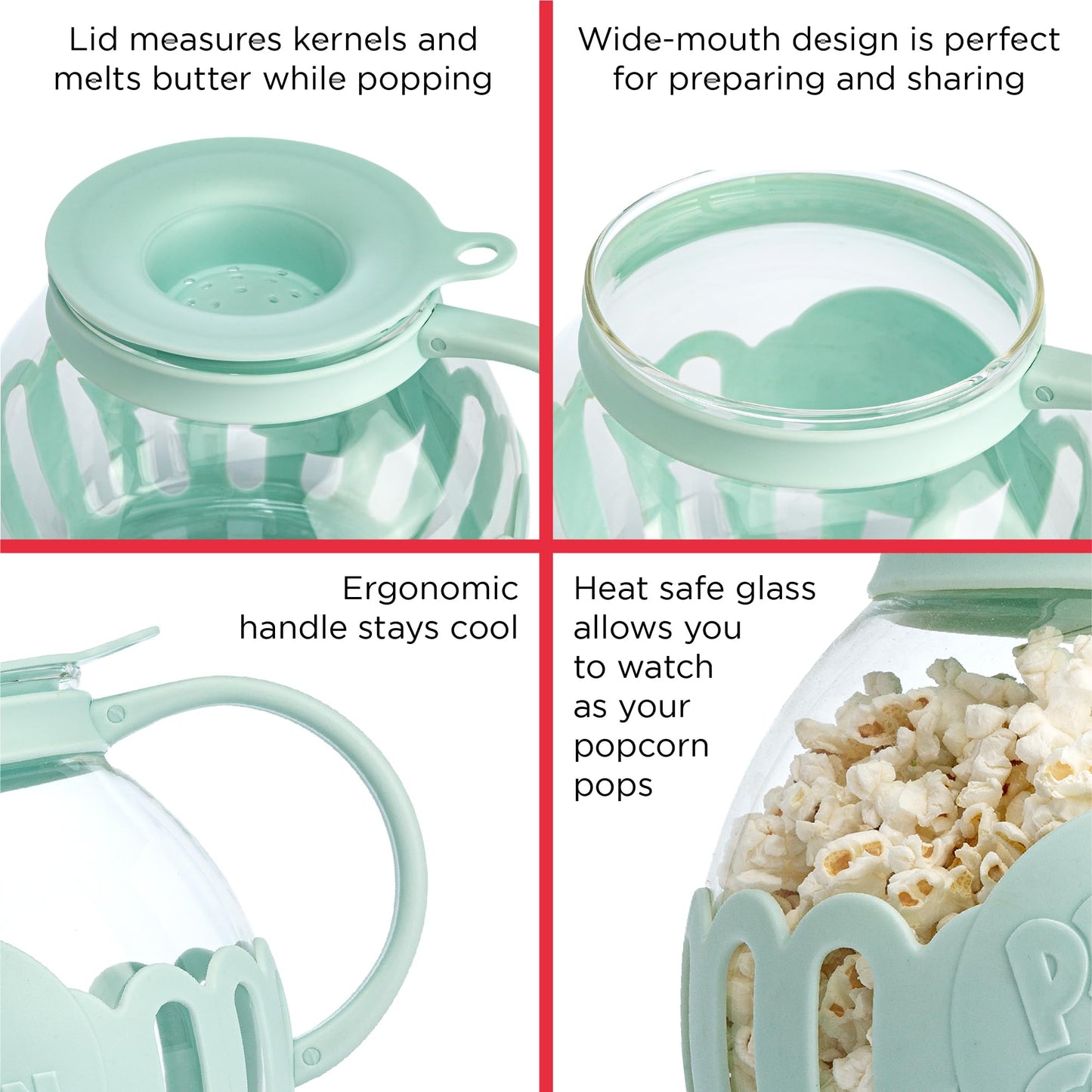Ecolution Patented Micro-Pop Microwave Popcorn Popper with Temperature Safe Glass, 3-in-1 Lid Measures Kernels and Melts Butter, Made Without BPA, Dishwasher Safe, 3-Quart, Aqua