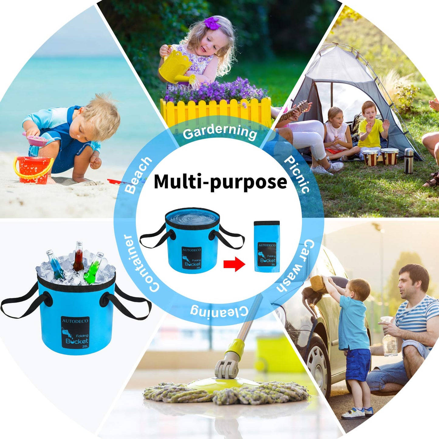 AUTODECO Collapsible Bucket 5 Gallon Container Folding Water Bucket Portable Wash Basin for Camping Fishing Travelling Outdoor Gardening Blue 1Pcs 20L