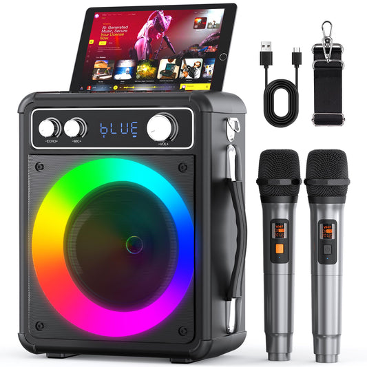 VOSOCO Karaoke Machine, Portable Bluetooth Karaoke Speaker with 2 Wireless Microphones, PA System for Adults Kids with LED Lights, Supports FM/AUX/USB/TF for Home Party