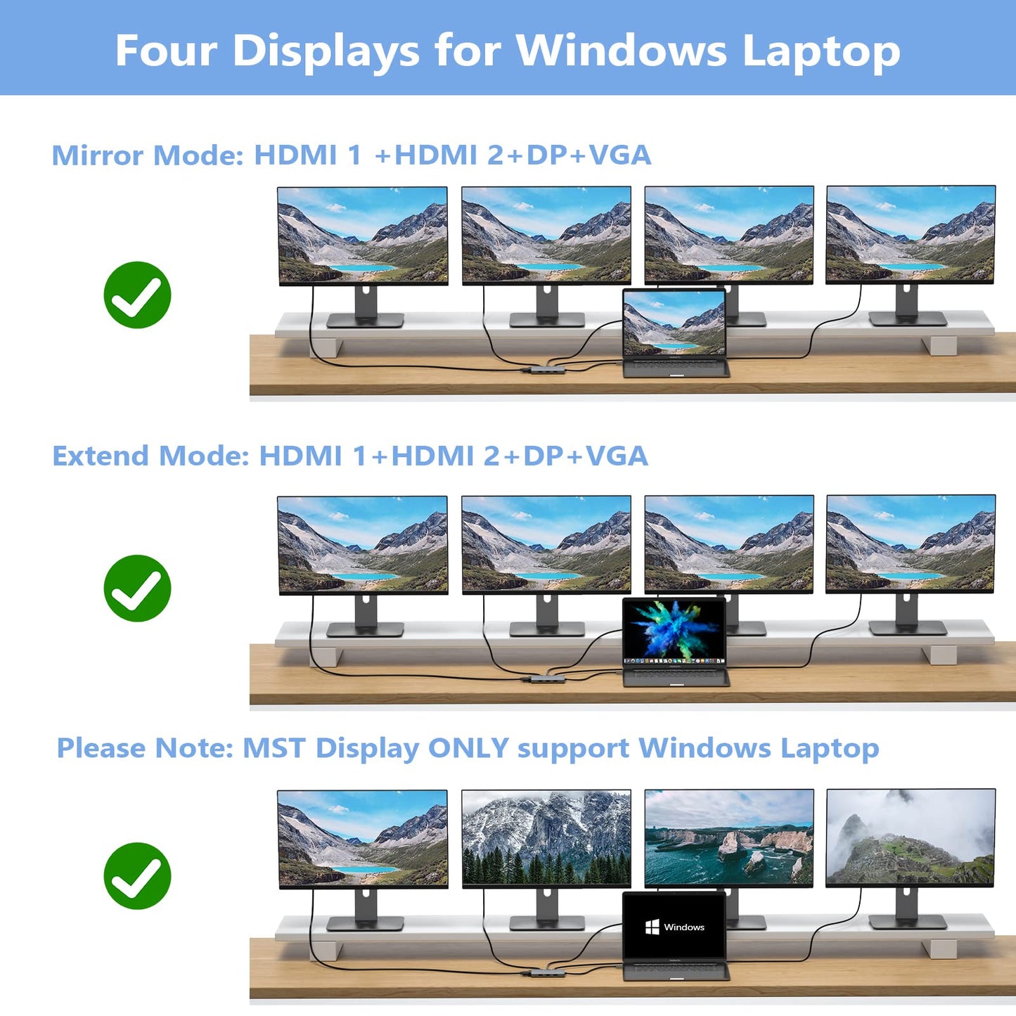 USB C Docking Station Dual Monitor Adapter for Dell HP, Laptop Docking Station 3 Monitors Quad Display USB C Hub Dongle to 4K HDMI+DP+VGA,3 USB2.0,100W PD,8 in 1 Thunderbolt Dock for Lenovo,Surface