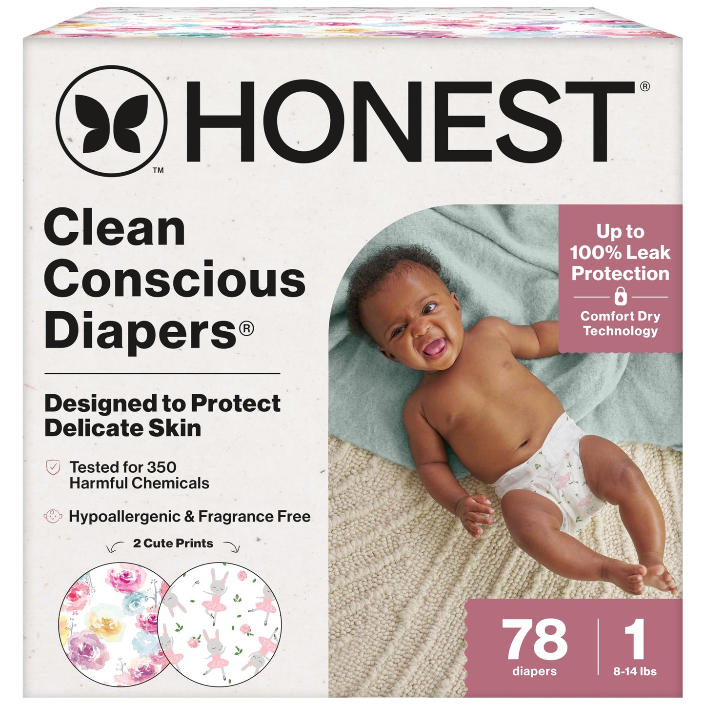 The Honest Company Clean Conscious Diapers for Delicate Skin | Up to 100% Leakproof | Hypoallergenic, Fragrance Free | Girl Prints | Club Box, Size 1 (8-14 lbs), 78 Count (Prints May Vary)