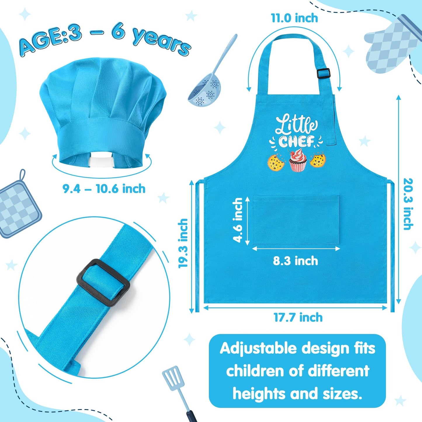 R HORSE 2 Pcs Kid Apron and Chef Hat Set, Adjustable Children Blue Kitchen Apron Cooking Baking Painting and Training Kits Dress up Role Play Chef Toy Kid Funny Cooking Gift New Year