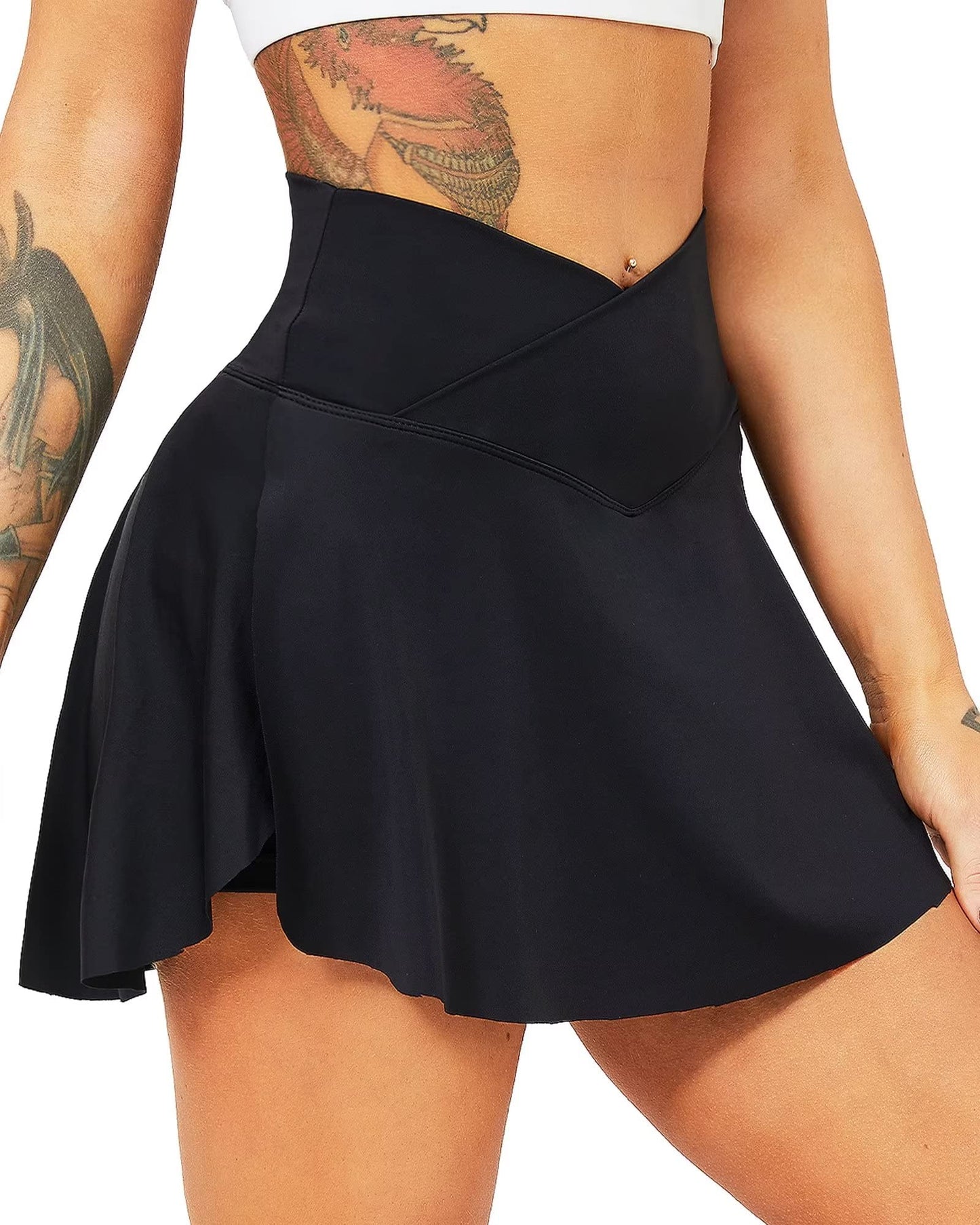 TZLDN Women's Tennis Skirt with Shorts Pockets Crossover High Waisted Workout Athletic Golf Skorts Skirts Black - Large