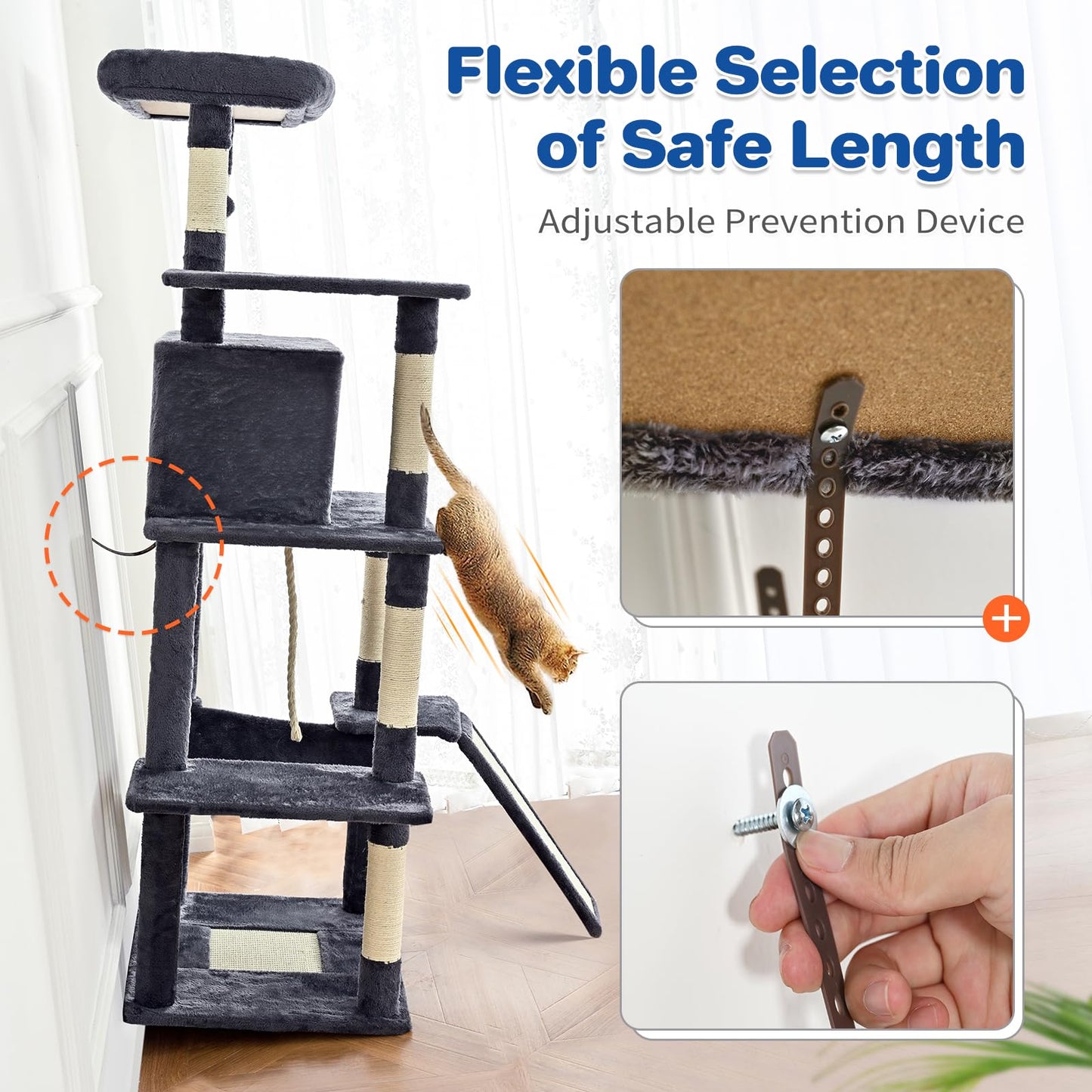 ABCPET Cat Tree Tower 63in Multi-Level Cat Tower for Indoor Cats with Sisal Scratching Posts, Condo, Hammock, Dangling Ball and Extended Platform for Cats to Play, Dark Grey