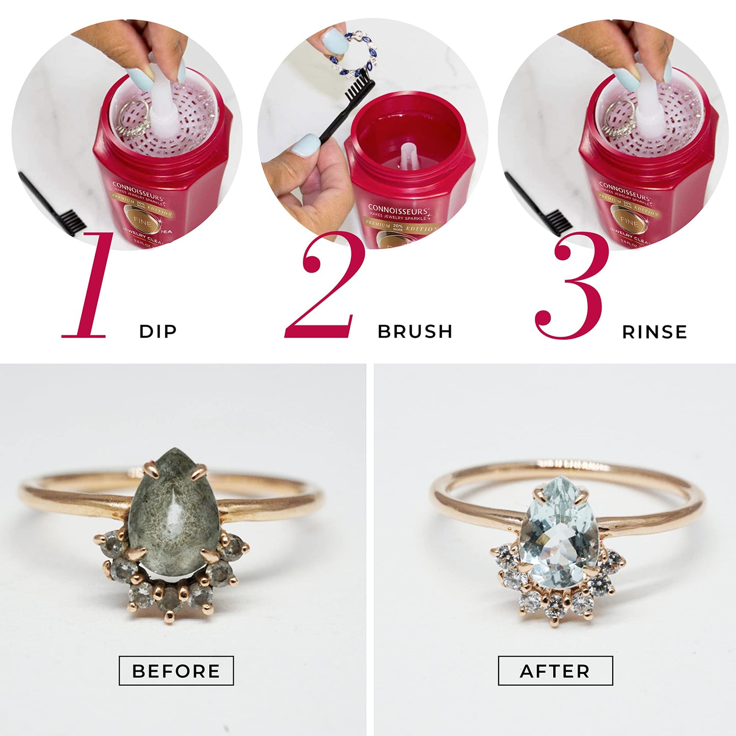 Connoisseurs Premium Edition Fine Jewelry Cleaner Solution for Gold, Diamonds, Platinum, and Gemstones - 9.6 fl oz - Restores Brilliance in Seconds