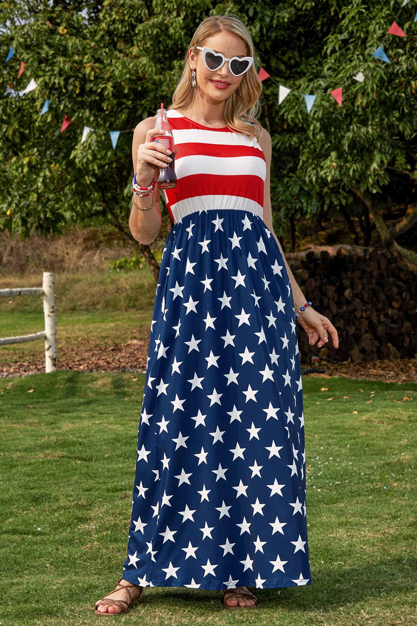 4th of July Stars and Stripes Sundress Patriotic Casual Sleeveless Maxi Dress American Flag M