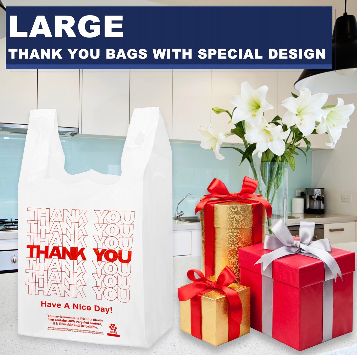 YoYoRain White Thank you T shirt bag, Grocery shopping bag Reusable and Disposable Supermarket Bag 11''x6''x21'' 100PCS