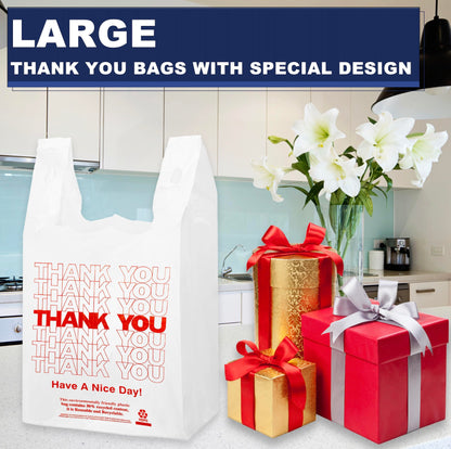 YoYoRain White Thank you T shirt bag, Grocery shopping bag Reusable and Disposable Supermarket Bag 11''x6''x21'' 100PCS