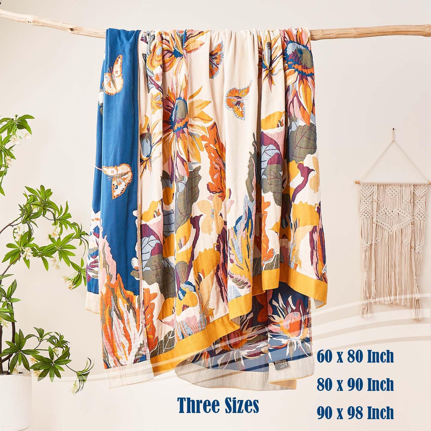 XIBLC Boho Throw Blanket, 100% Cotton Ultra Soft Luxury Throw Rustic Quilt, 50"x60" Floral Bird Butterfly Farmhouse Decor Bed Blankets, All Season Rustic Reversible Bohemian Throw for Bed - Yellow