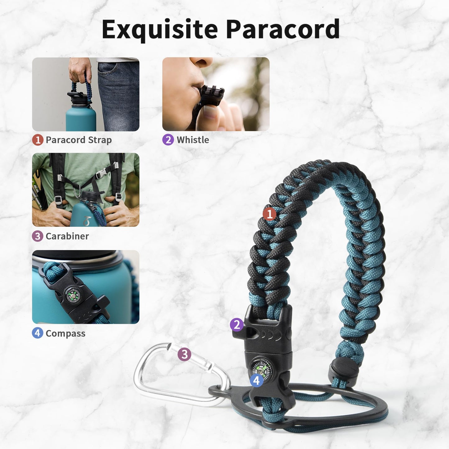 Trebo Water Bottle 64oz with Paracord Handle, Half Gallon Large Vacuum Double Wall Stainless Steel Insulated Water Jug with Holder Strap Straw Spout Lids, Leakproof Keep Cold & Hot, Indigo/Black