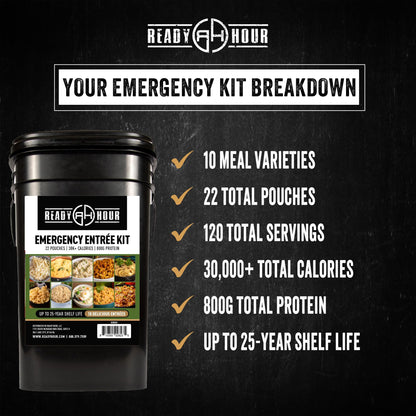 Ready Hour 120 Serving Entree Bucket-Freeze Dried Emergency Food Supply-Survival Meals with Long Shelf Life-Prepper Essentials for Disaster, Camping, Hiking, or Outdoor Use