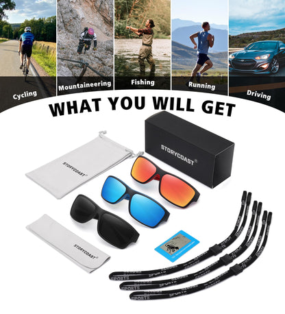 STORYCOAST Polarized Sports Sunglasses for Men Women Unbreakable Frame Cycling Fishing Driving 3Pack-Black+Red+Blue