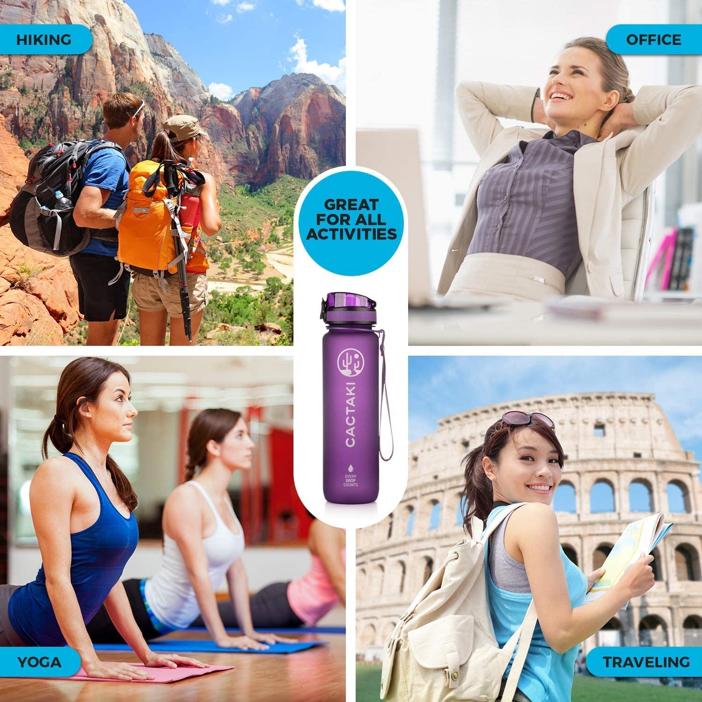 Cactaki 32 oz Water Drinking Bottle with Time Marker - Stay Hydrated - Hydration Tracker & Reminder to Drink With Hourly Measurement Markings - Leak Spill Proof & BPA Free